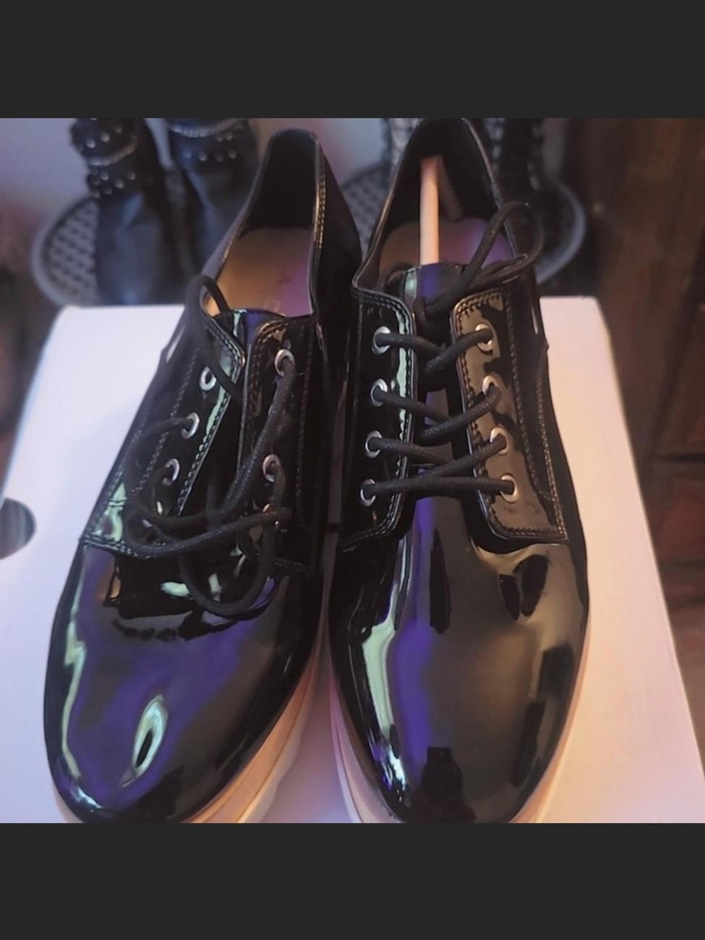 NWT ALDO Vellezzo Black Patent Platform Wedge Oxfords - Size 9